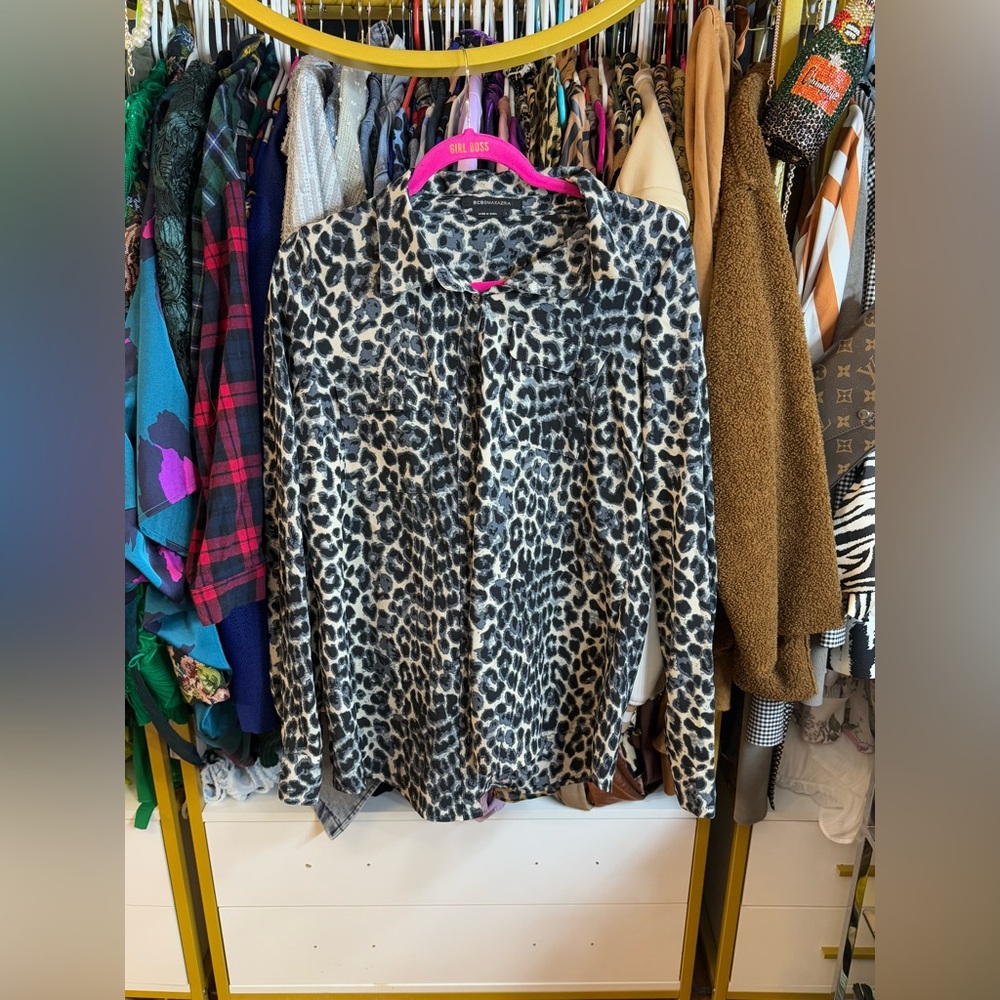 BCBGMaxAzria Leopard Print Button-Up Blouse, Size Large